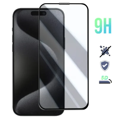 Protector de Vidrio Templado 9H con Bordes Curvos y Adhesivo Negro para Apple iPhone 15 Pro
